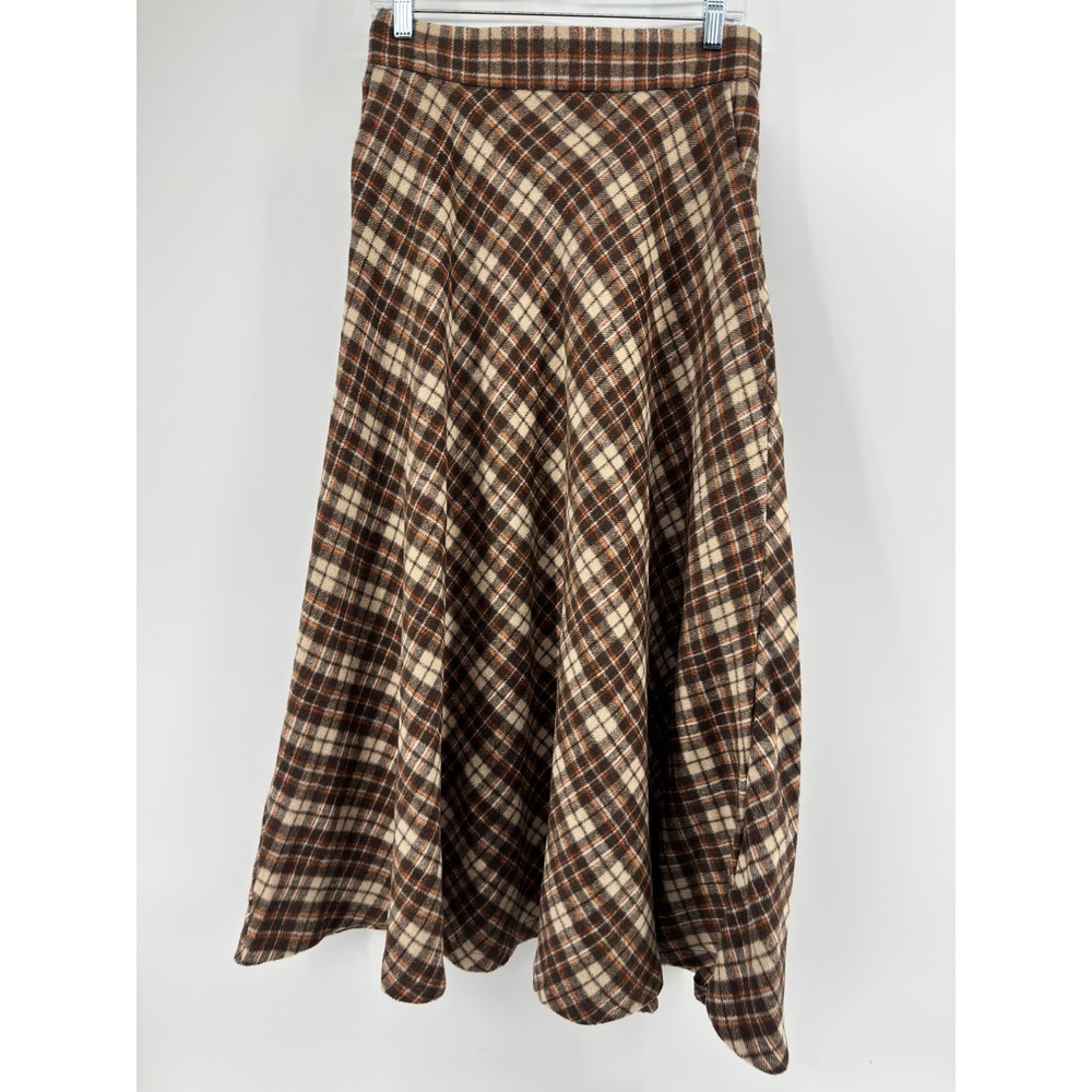 Choies Brown Plaid A-Line Midi Skirt High Waisted Flannel Pockets Large